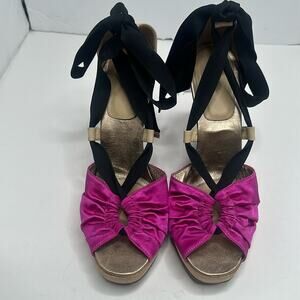 DEREK LAM HOT PINK SATIN w/BLACK ELASTIC RIBBON TIES 3/4”PLATFORM 5”WEDGE SZ 40